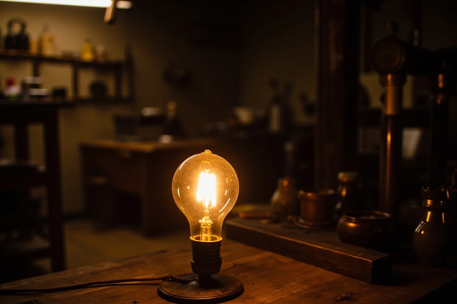 A glowing early electric light bulb on a wooden workbench in a cluttered invention laboratory