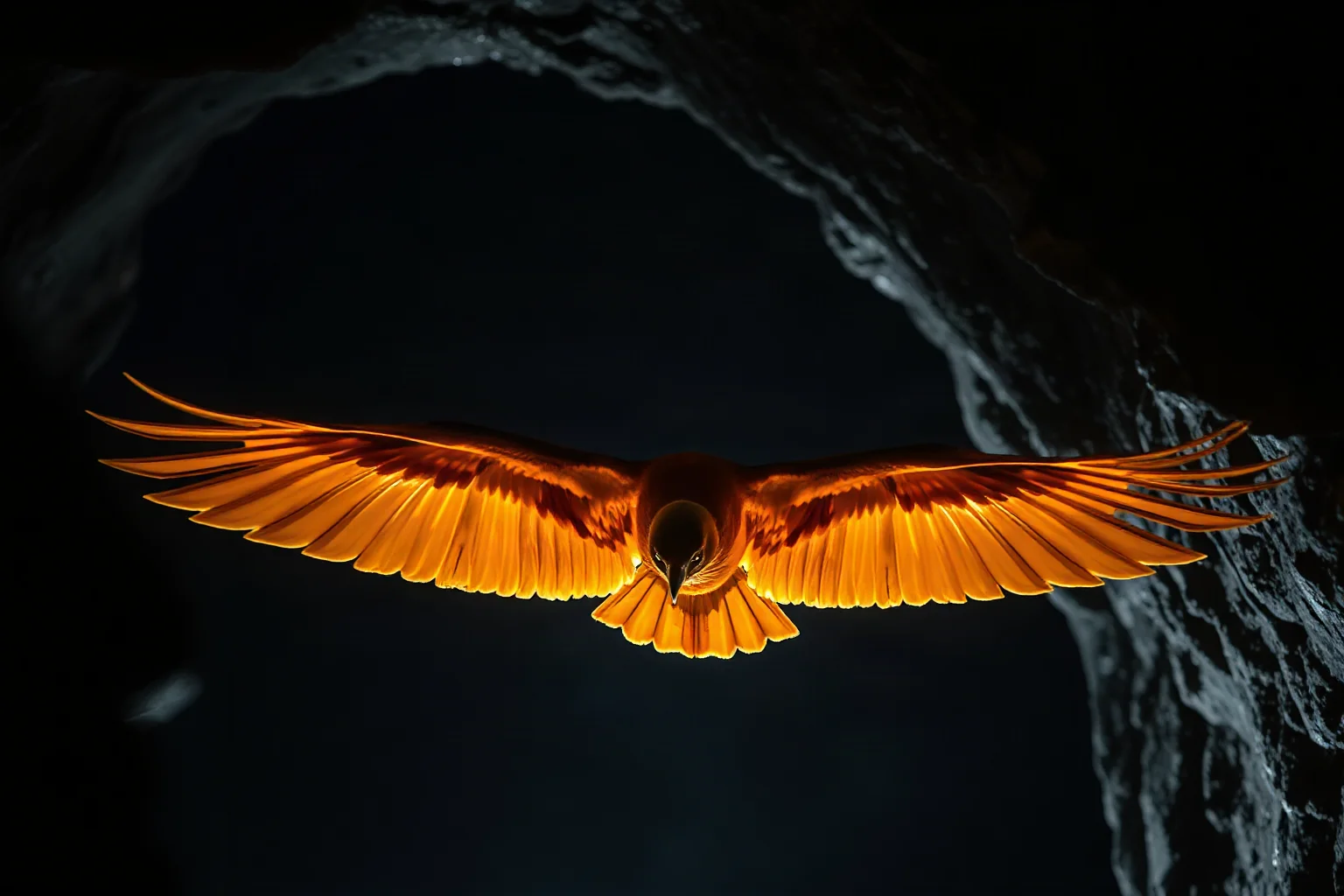 A glowing golden-winged bird flying through a dark Andean mountain mineshaft at night