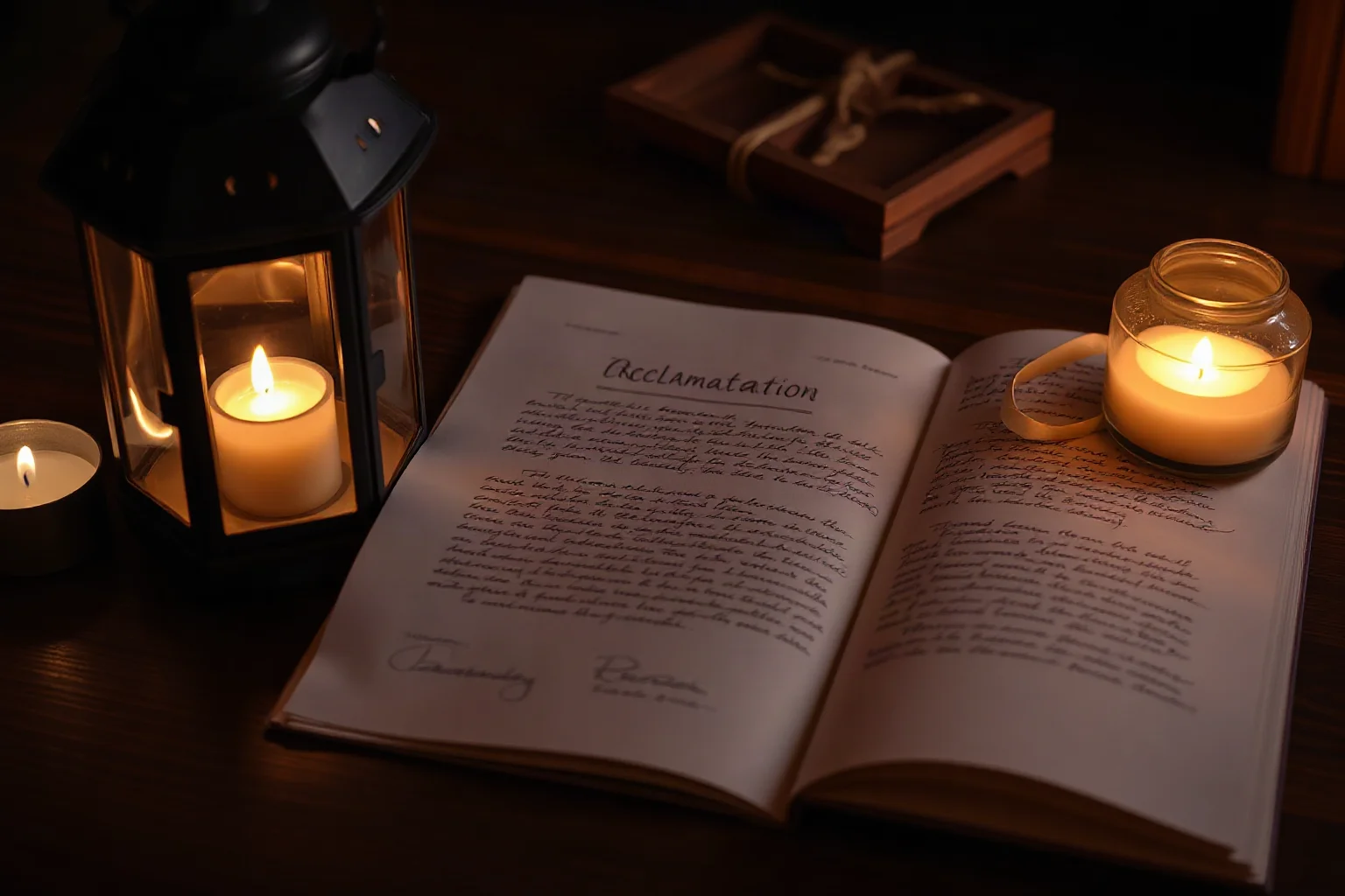 A glowing lantern beside an open handwritten proclamation document on a wooden table, warm candlelight, symbolic and non-graphic.