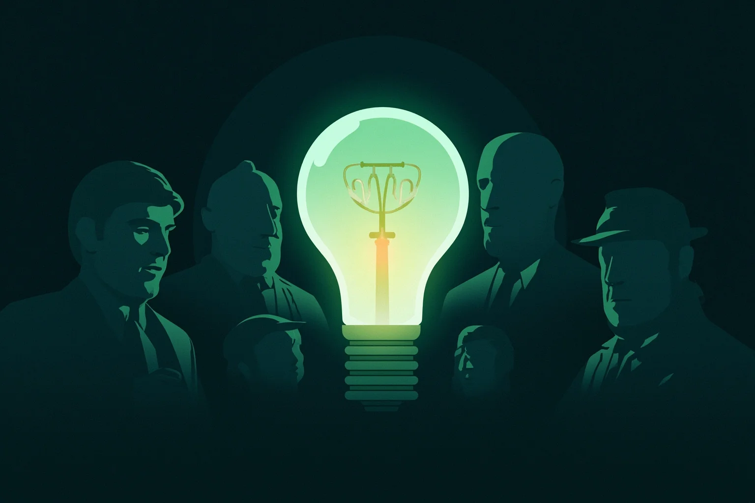 A glowing lightbulb illustration surrounded by faint ghostly historical figures from different eras