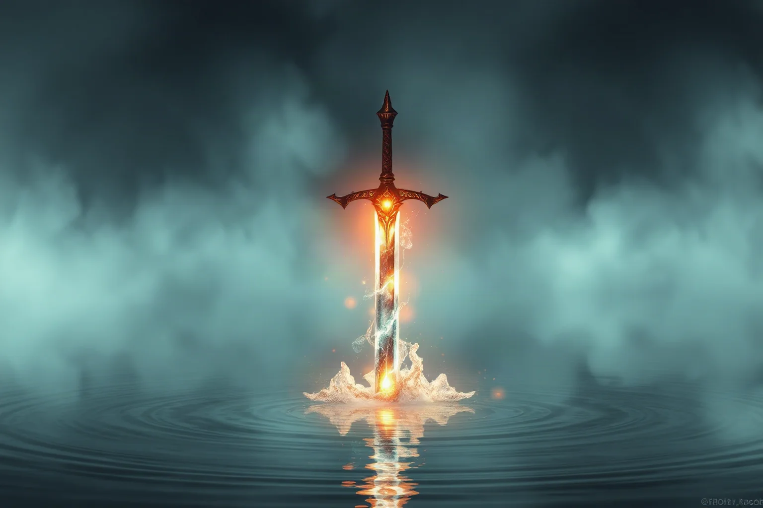 A glowing mystical sword rising from a misty lake, evoking the legend of Excalibur, fantasy-historical style