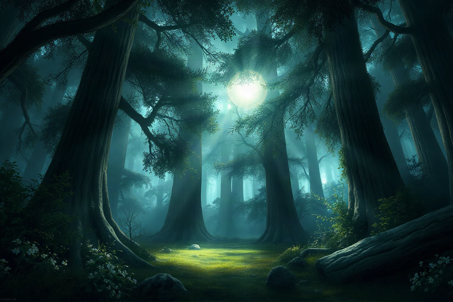 A glowing, otherworldly forest clearing with faint fairy-light atmosphere, fantasy illustration style, no real people
