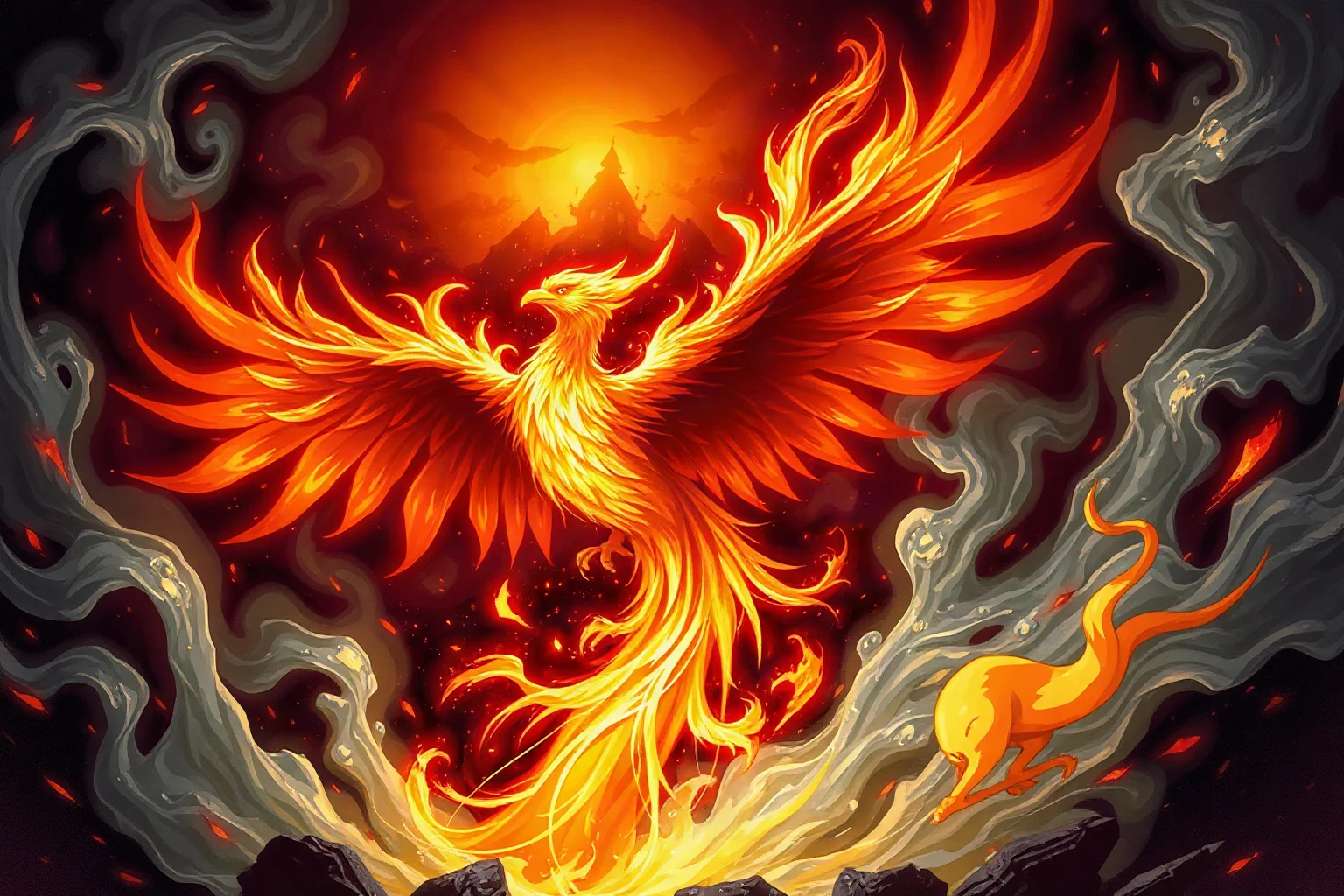 A glowing phoenix bird rising from a swirl of fire and ash, mythological illustration style