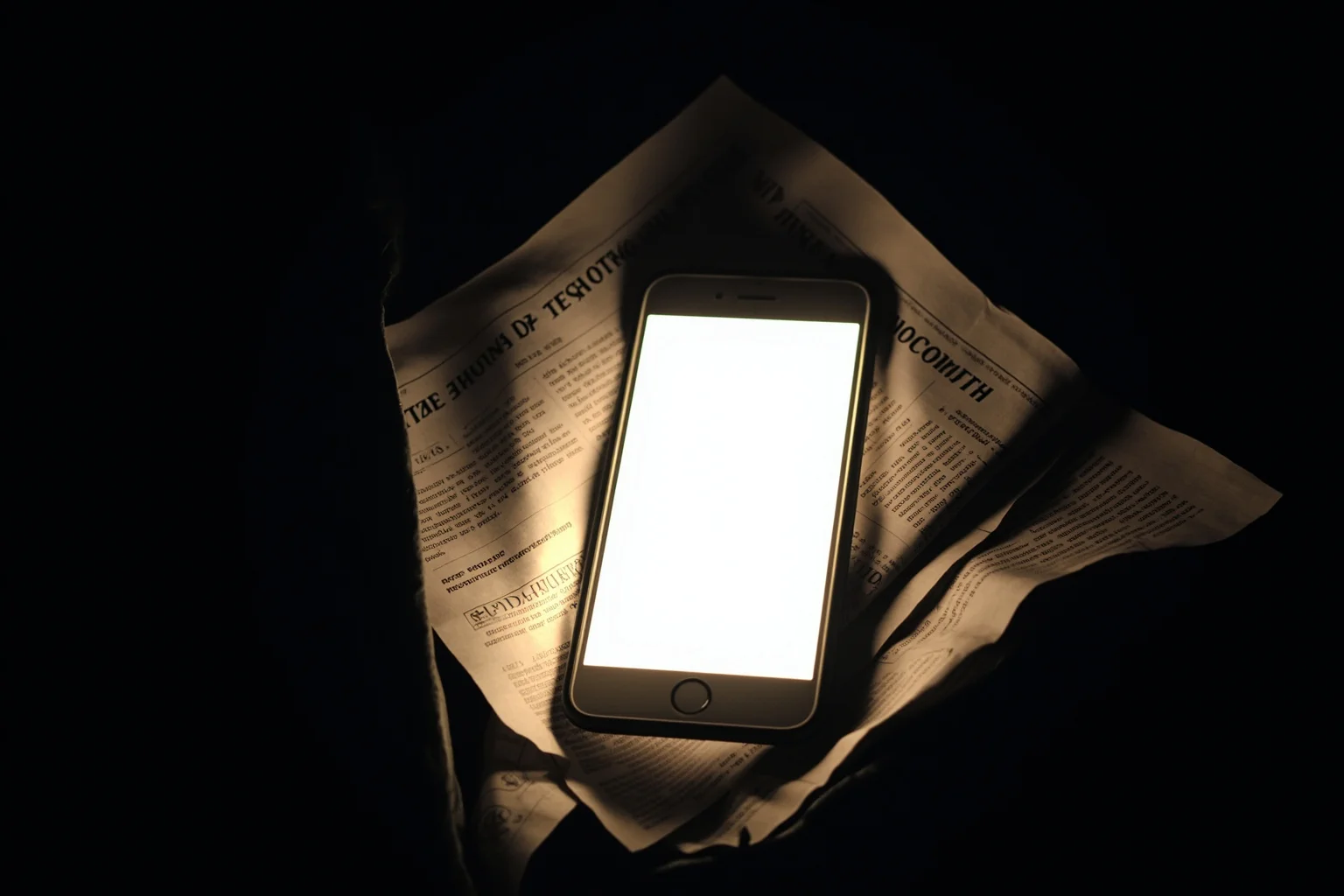 False Flag Operations That Quietly Changed World History 21 A glowing smartphone screen surrounded by scattered newspapers in a dark room, modern editorial illustration style