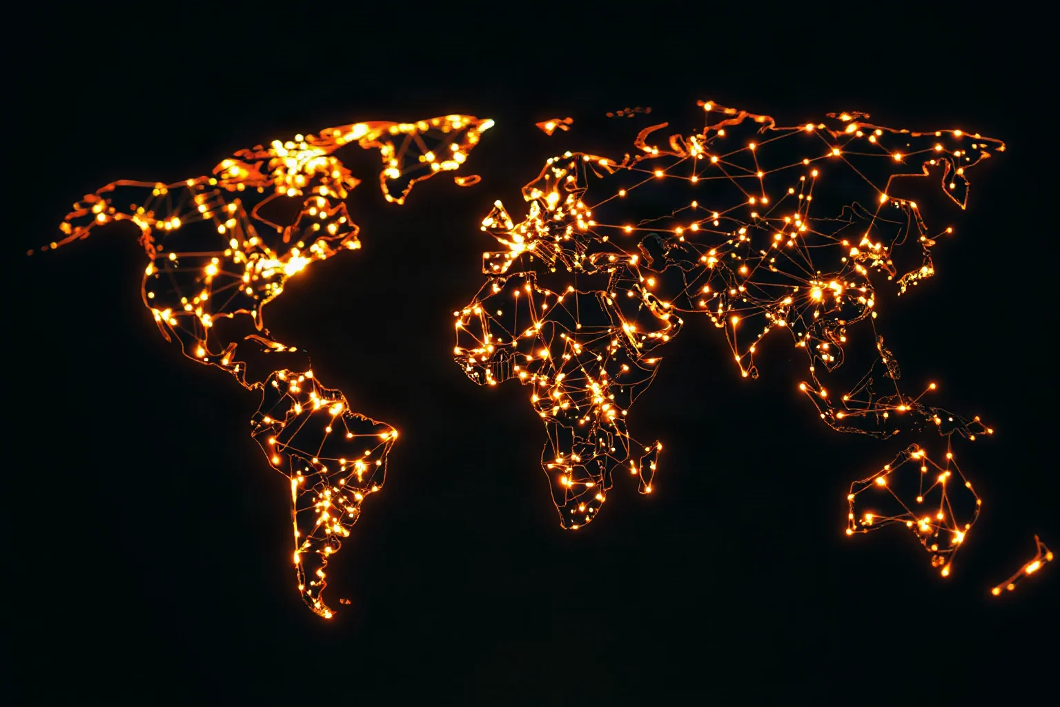 A glowing world map made of interconnected digital light lines symbolizing global networks