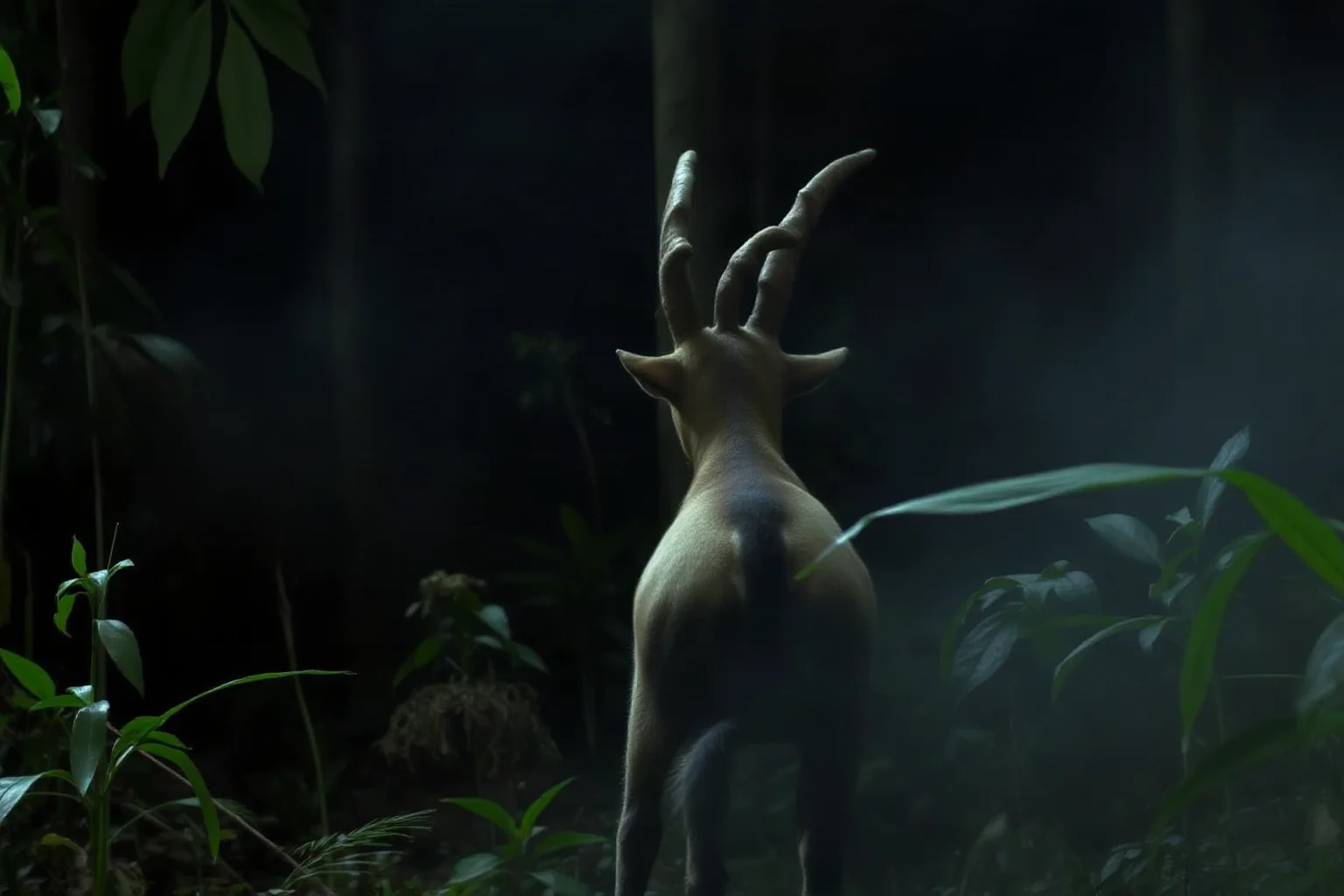 A goat-like creature walking backward through misty Philippine jungle underbrush at night