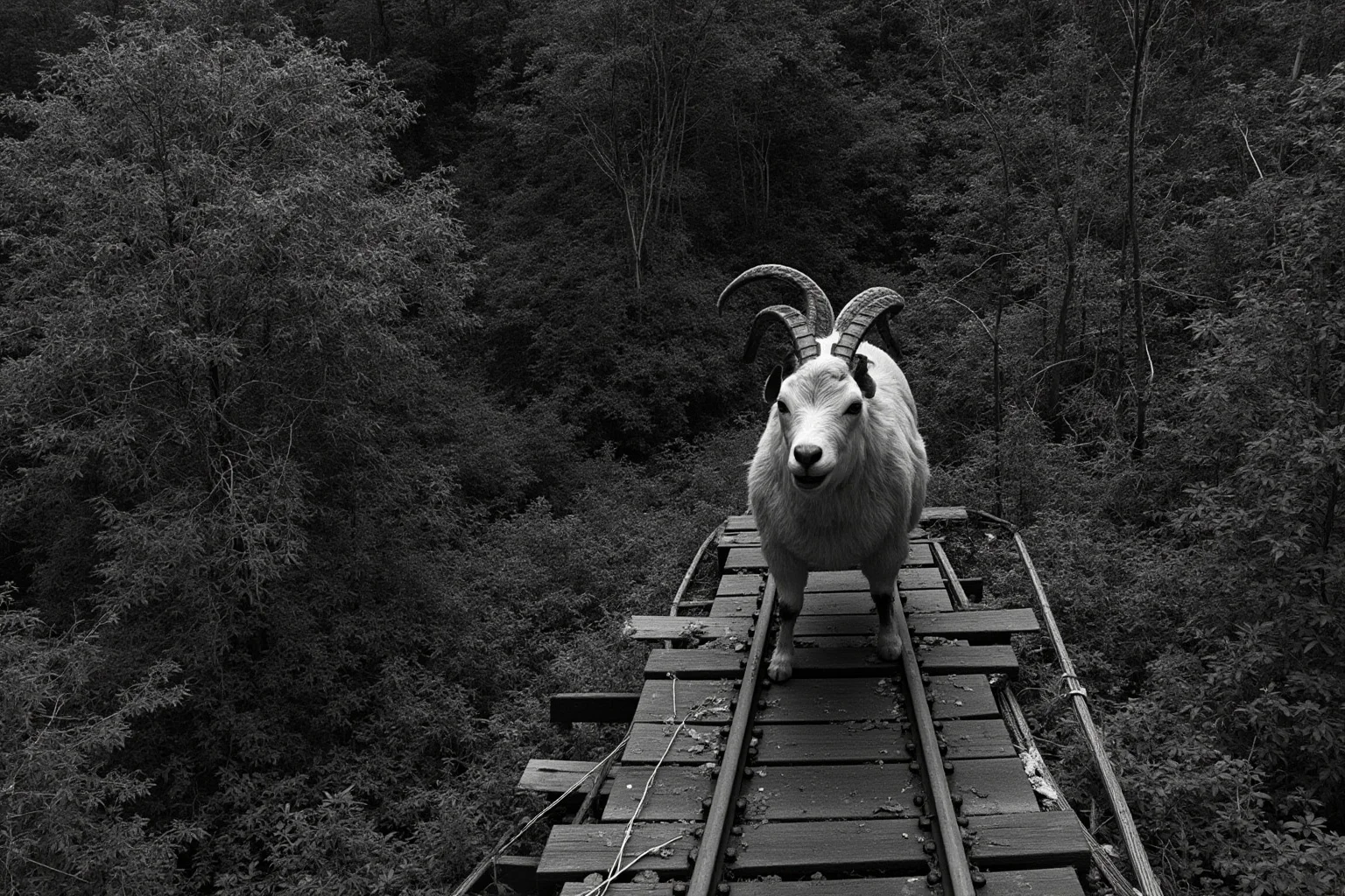 Famous Cryptids: 10 You Know and 16 Wild Ones You Probably Don't 19 A goat-like humanoid figure standing on a narrow railroad trestle above a wooded ravine