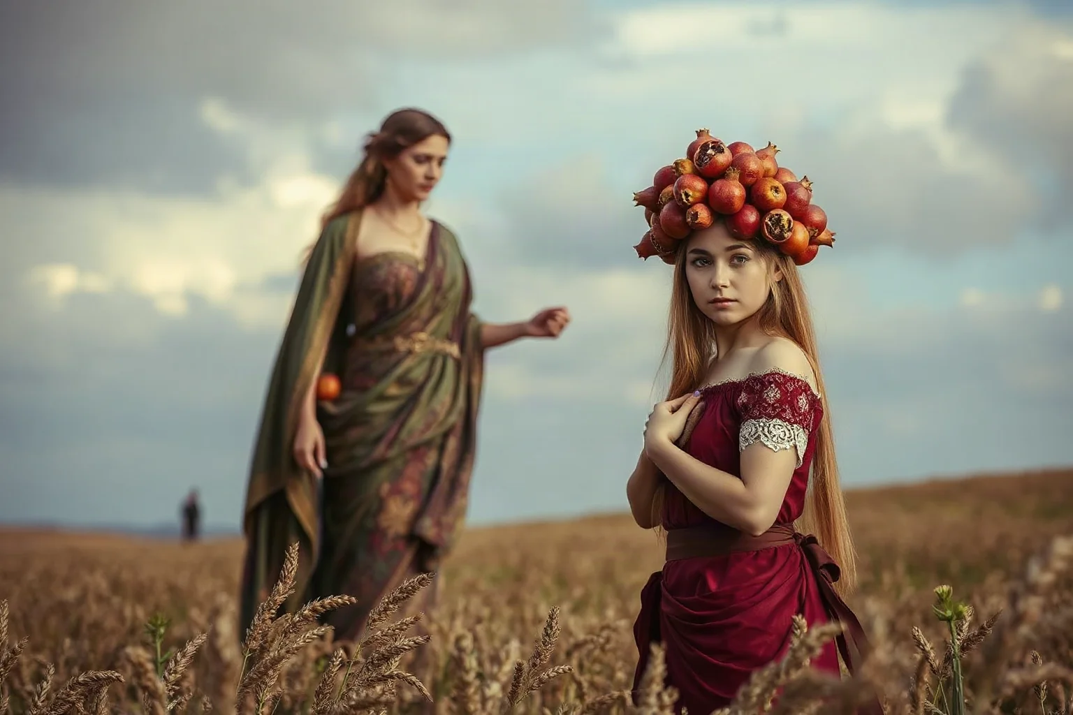 A goddess of the harvest standing in a withering field beside a young woman crowned with pomegranate seeds, symbolic classical art style