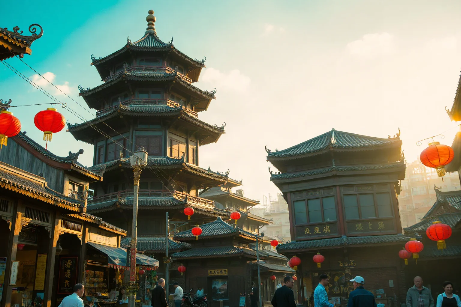 A golden-age Chinese city street filled with merchants, lanterns, and multi-story pagodas
