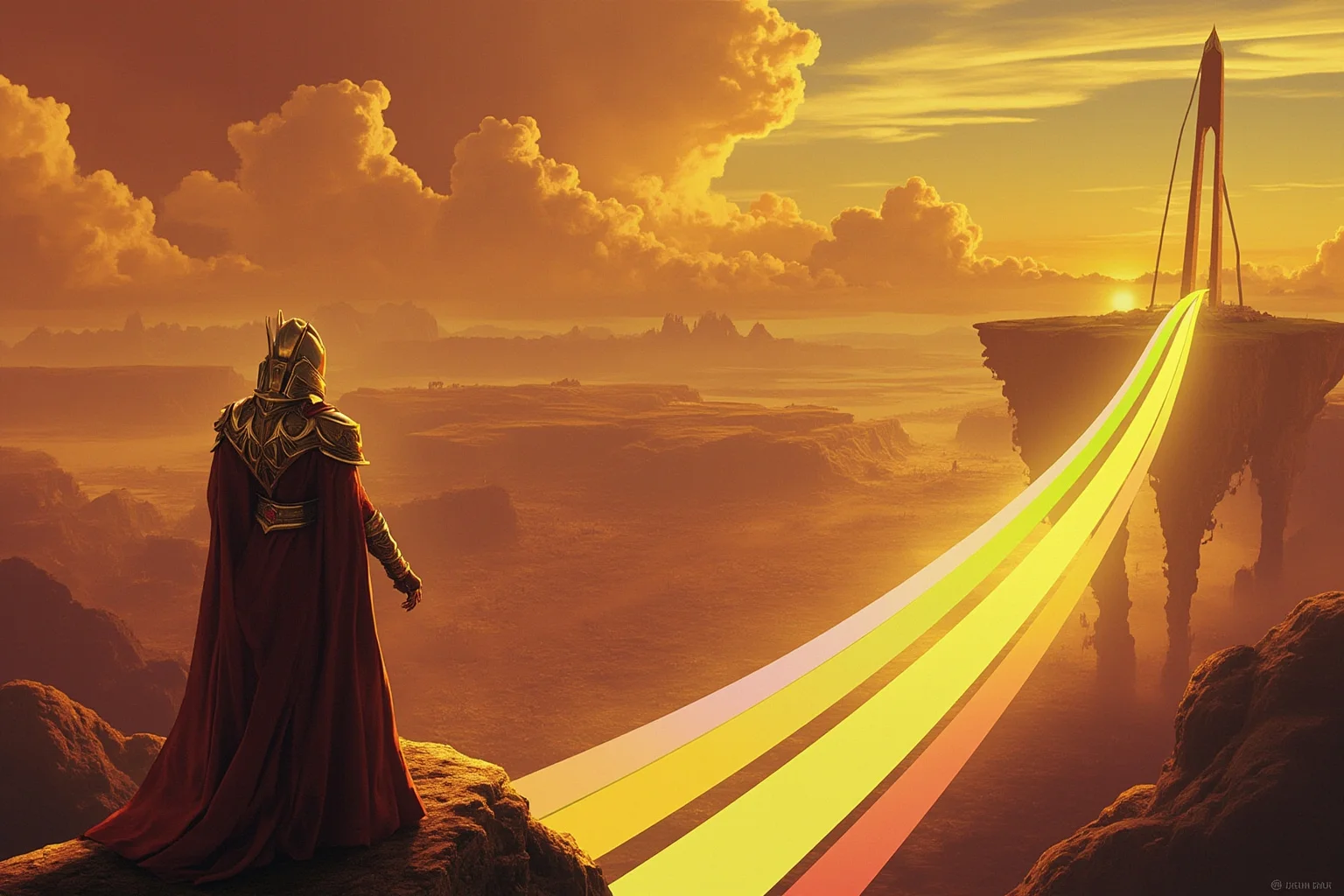 From Thor to Loki: 20 Gods, Goddesses, and Heroes of Norse Mythology 9 A golden-armored watchman standing at the edge of a glowing rainbow bridge, scanning the horizon, epic fantasy illustration