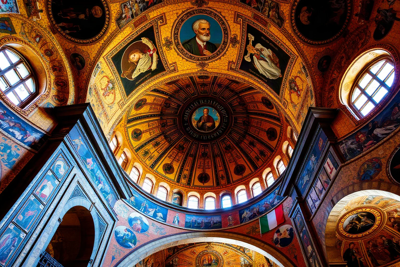 A golden domed Byzantine cathedral interior with intricate mosaic artwork