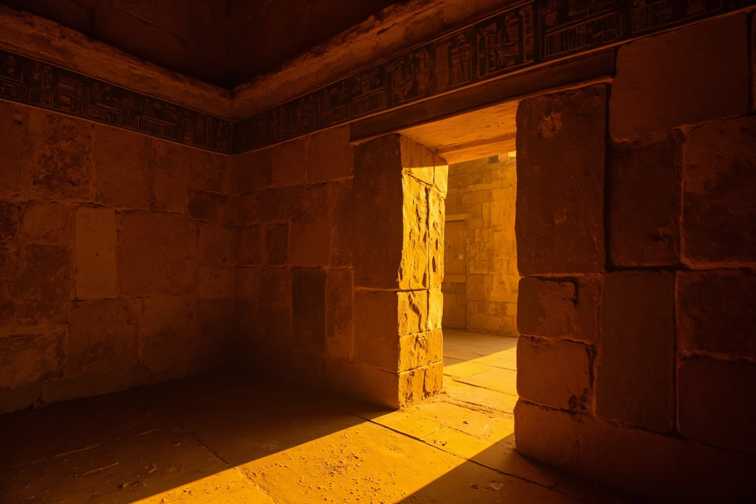 A golden Egyptian tomb entrance with hieroglyphics and torchlight