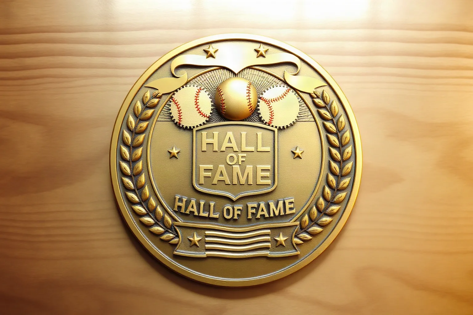 A golden engraved Hall of Fame plaque mockup with baseball motifs, vintage bronze texture