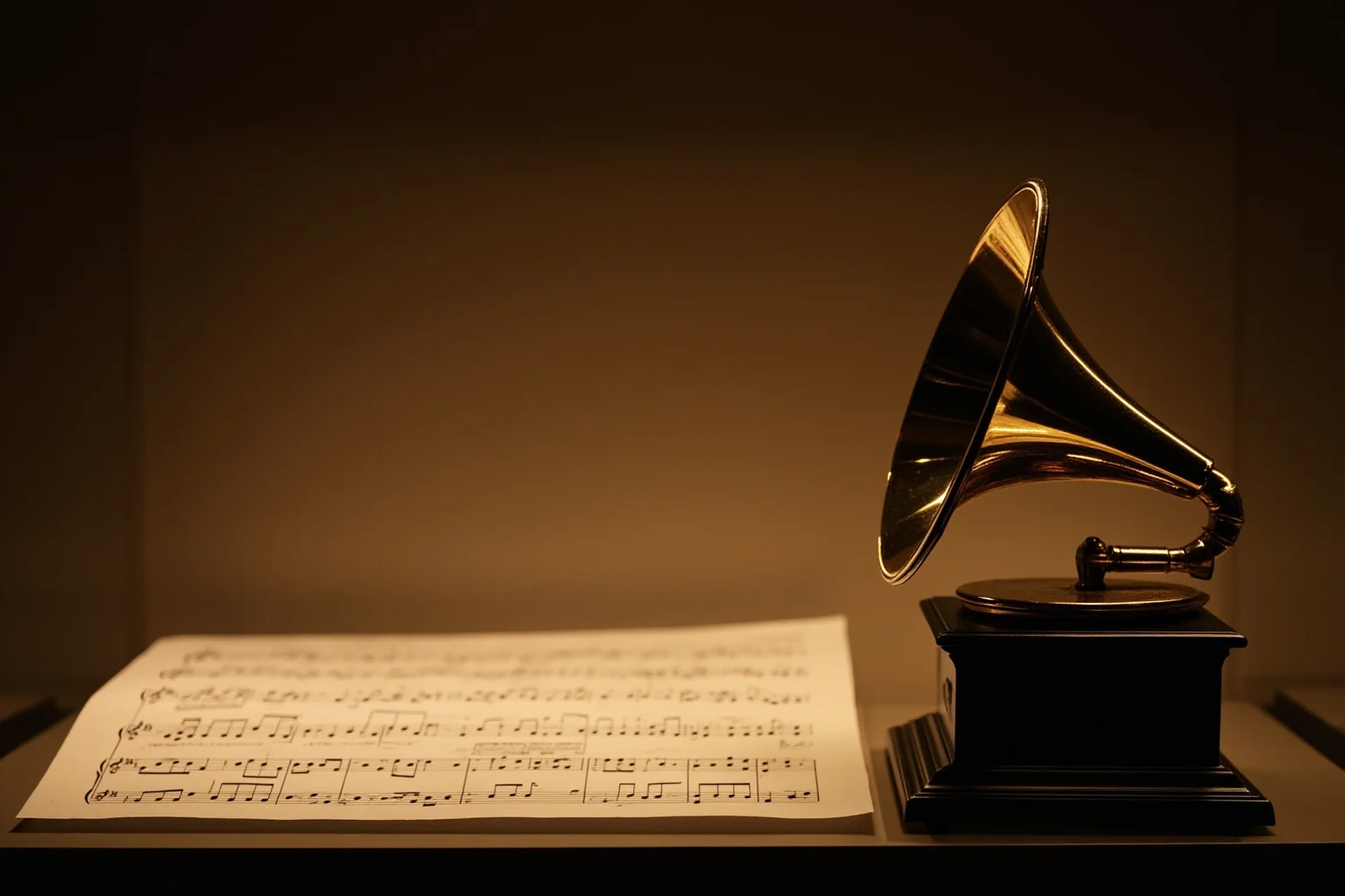 A golden gramophone-style award trophy displayed on a shelf with sheet music, warm lighting