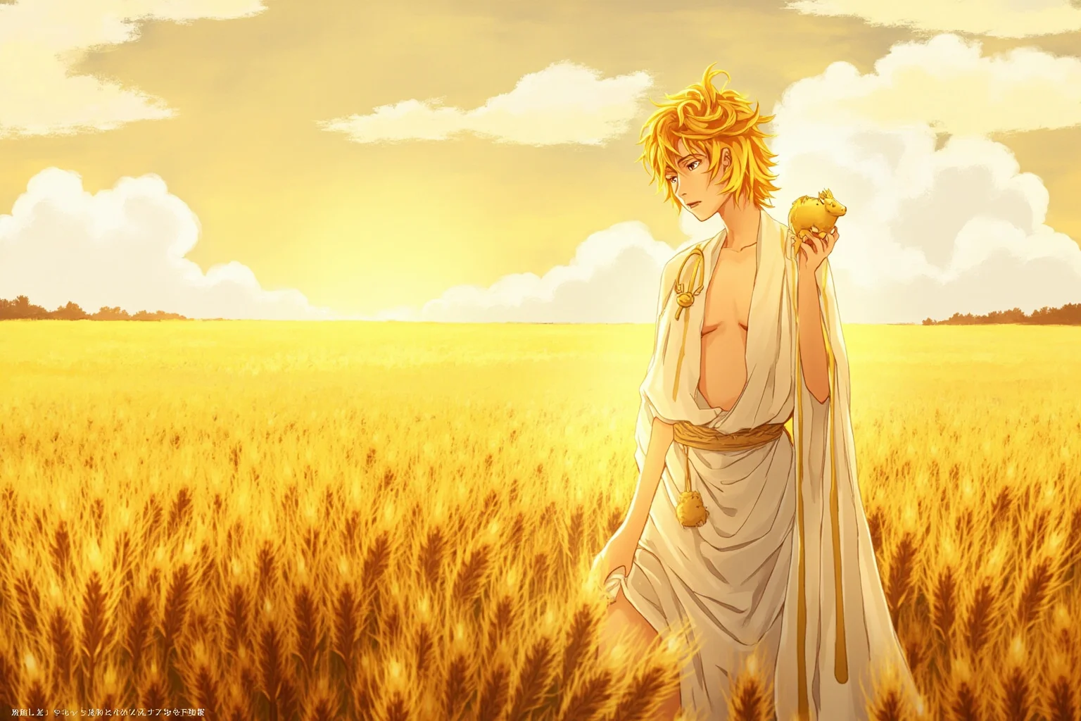 From Thor to Loki: 20 Gods, Goddesses, and Heroes of Norse Mythology 7 A golden-haired god standing in a sunlit wheat field holding a small golden boar figurine, warm pastoral fantasy illustration
