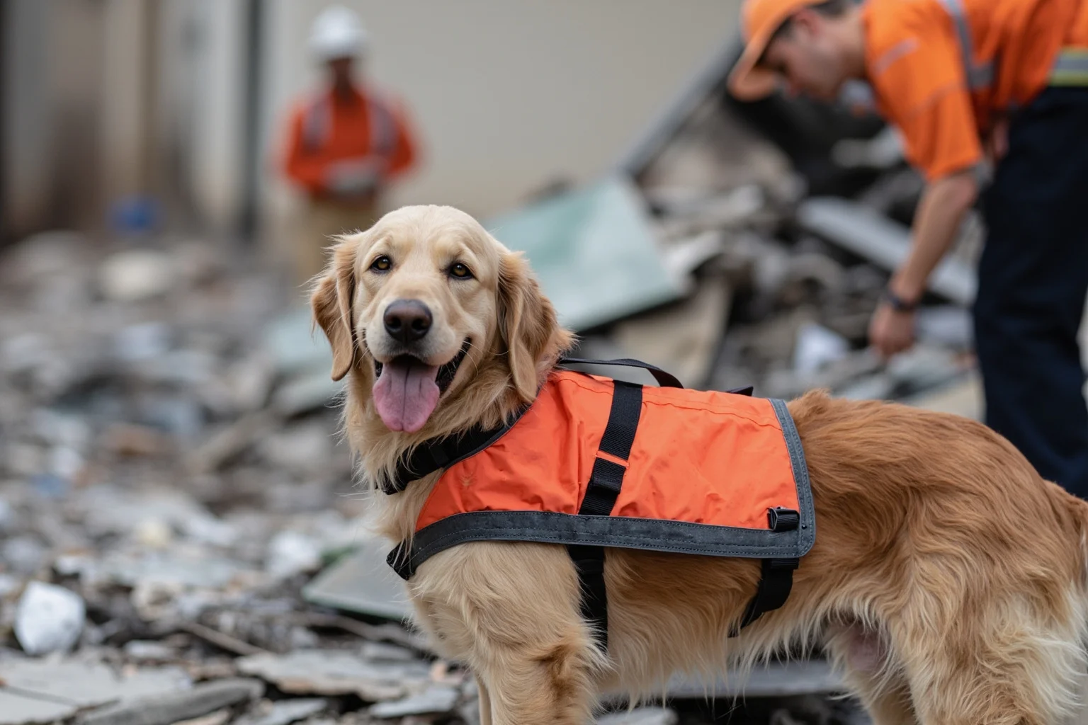 Most Famous Dogs in History: 22 Iconic Canines Who Made Their Mark 23 A golden retriever wearing a rescue vest standing amid rubble with rescue workers in the background