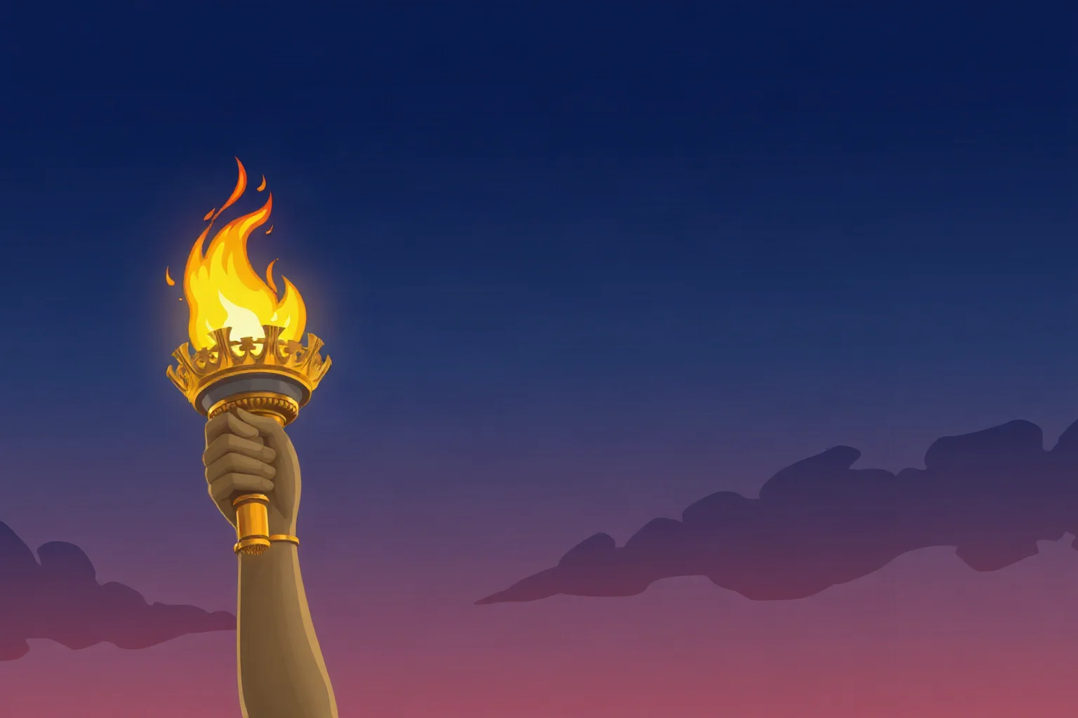 A golden torch glowing atop a statue's raised arm against a dusk sky, illustrative style