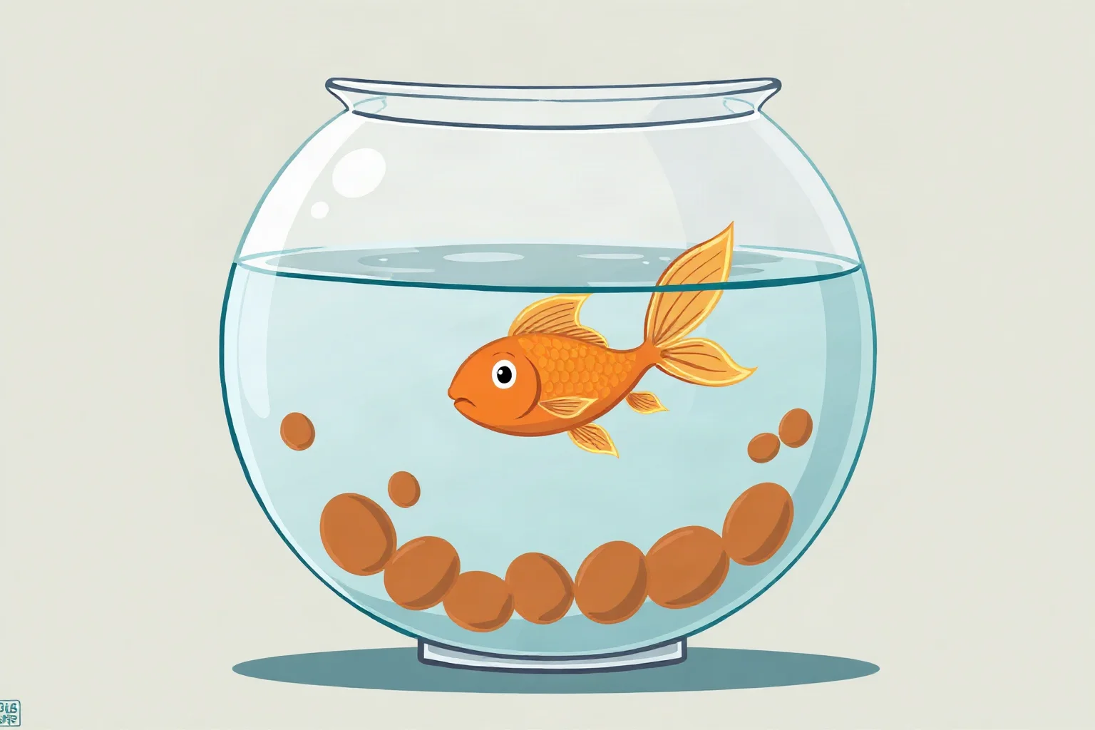 A goldfish in a bowl with a tiny comedic wobble effect, playful cartoon illustration
