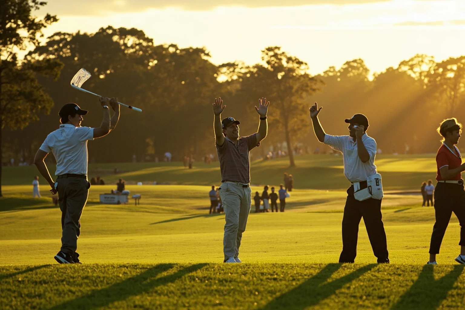 A golf course green with players and caddies celebrating an unexpected team tournament win, flags waving, golden late-afternoon light