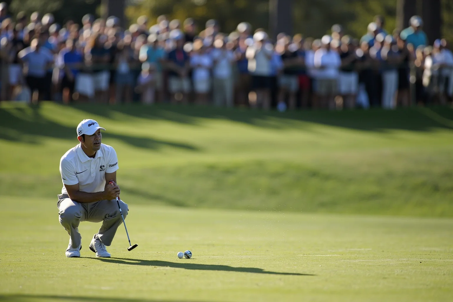 A golfer mid-swing on a sunlit fairway making up ground in a final-round comeback, gallery of spectators watching intently