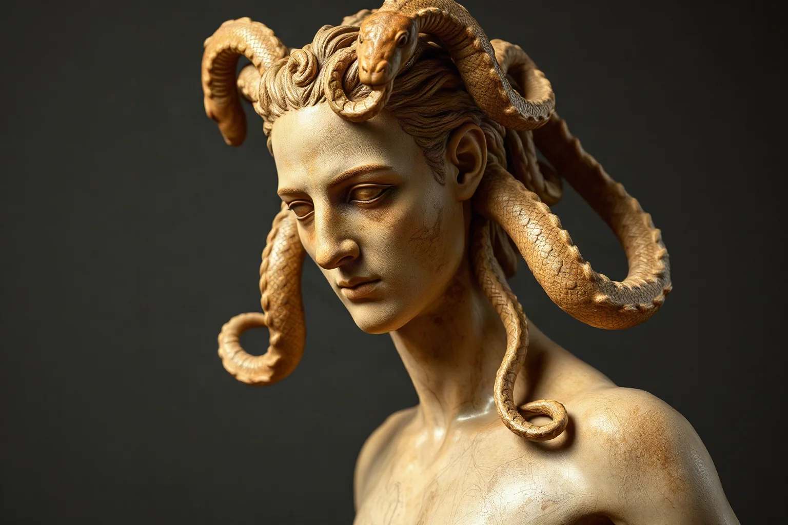 A Gorgon with snakes for hair, styled after ancient Greek pottery art, non-realistic