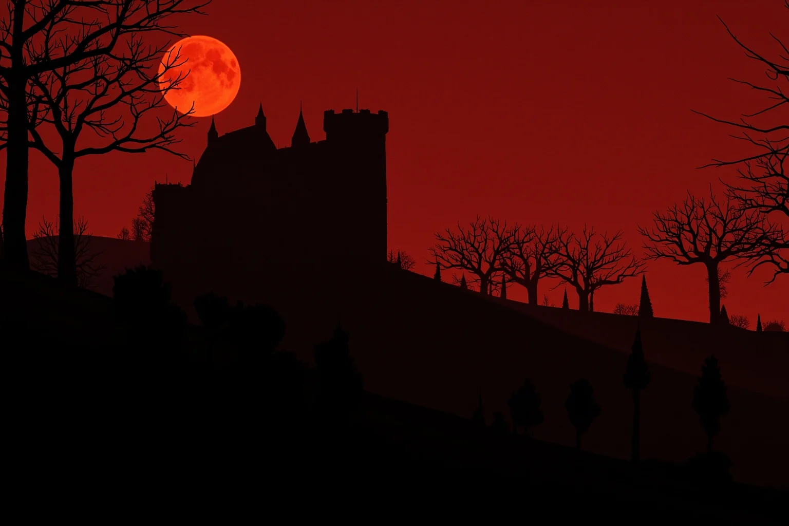 Myths That Defined Cultures: 20 Legends Born From True Events 12 A gothic castle silhouette on a hill under a blood-red moon with bare autumn trees