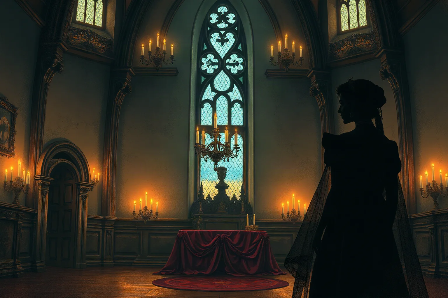 A gothic illustrated Renaissance-era castle interior with candlelight and an ornate noblewoman's silhouette