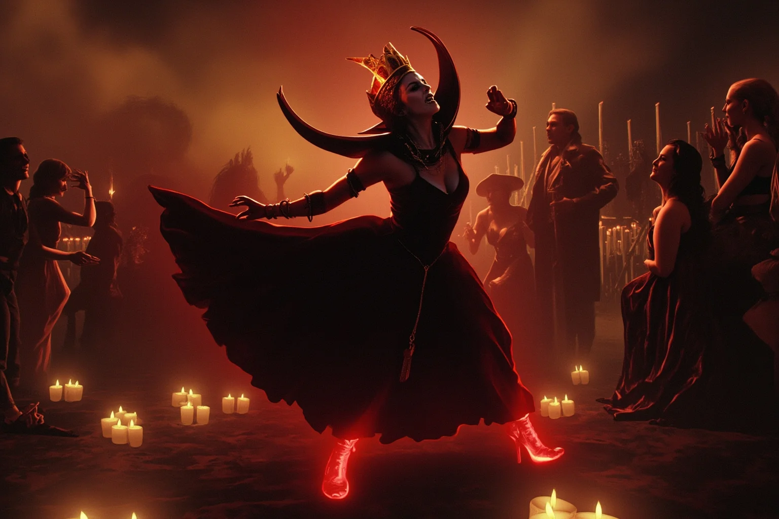 Grim Childhoods Indeed: The 20 Darkest Brothers Grimm Fairy Tales 3 A gothic illustration of an evil queen forced to dance in glowing red-hot iron shoes at a candlelit wedding feast