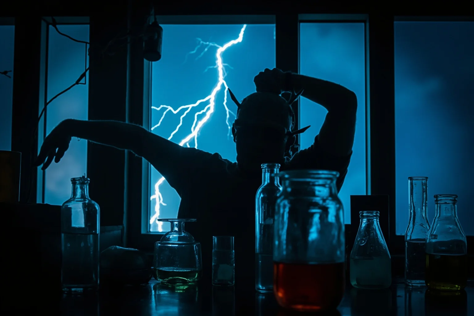 A gothic laboratory scene with glass beakers, lightning through a window, and a stitched humanoid figure in shadow