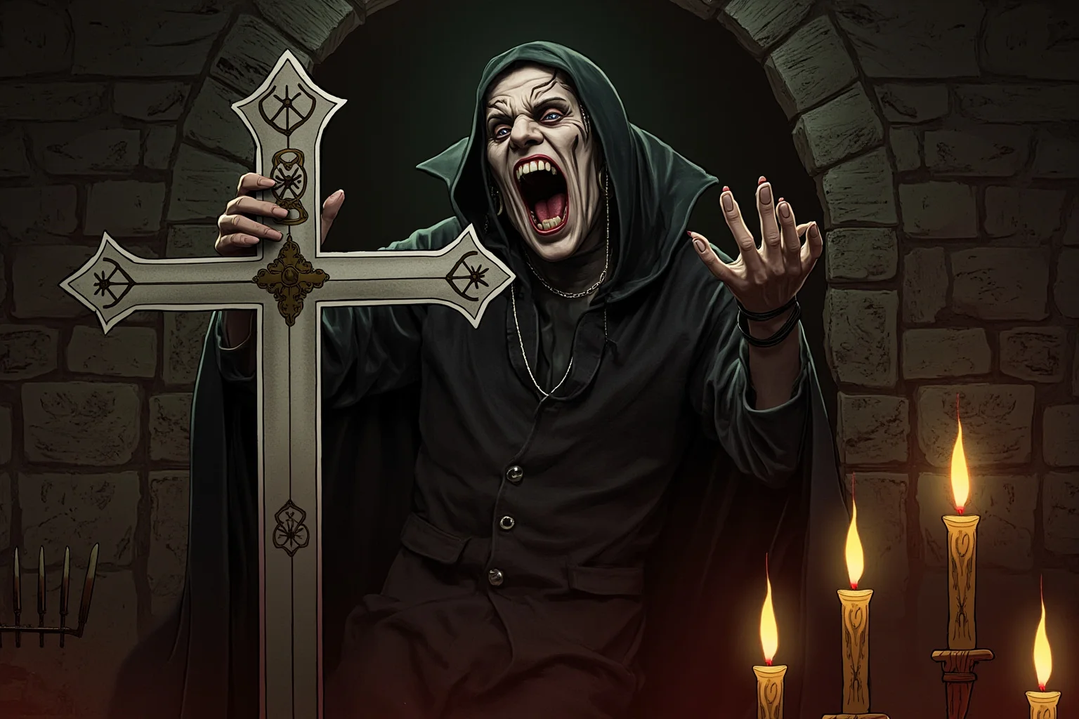 A gothic vampire figure recoiling from a silver crucifix in a candlelit stone chamber, illustrative style