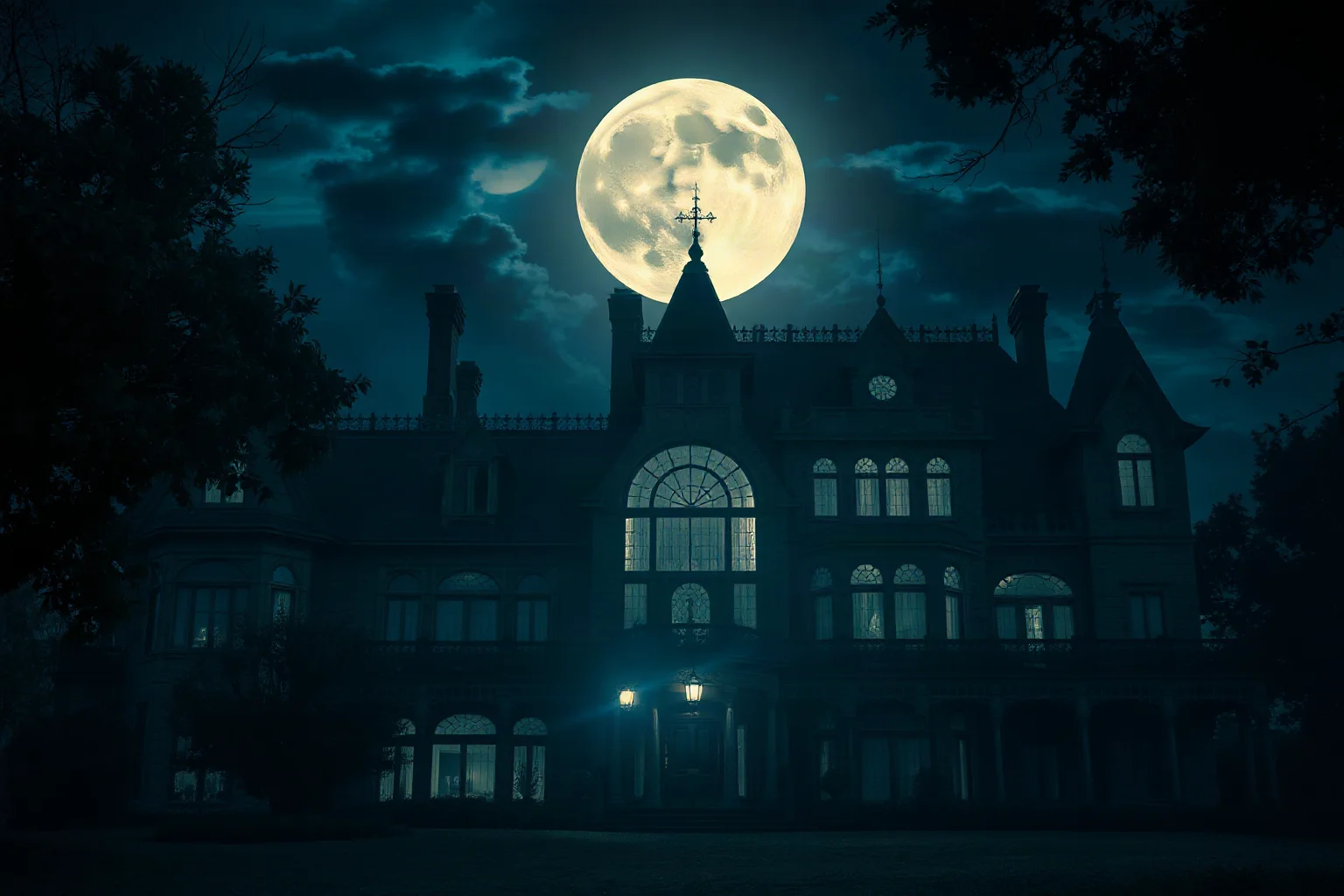 A gothic Victorian mansion at night under a full moon, evoking classic horror literature