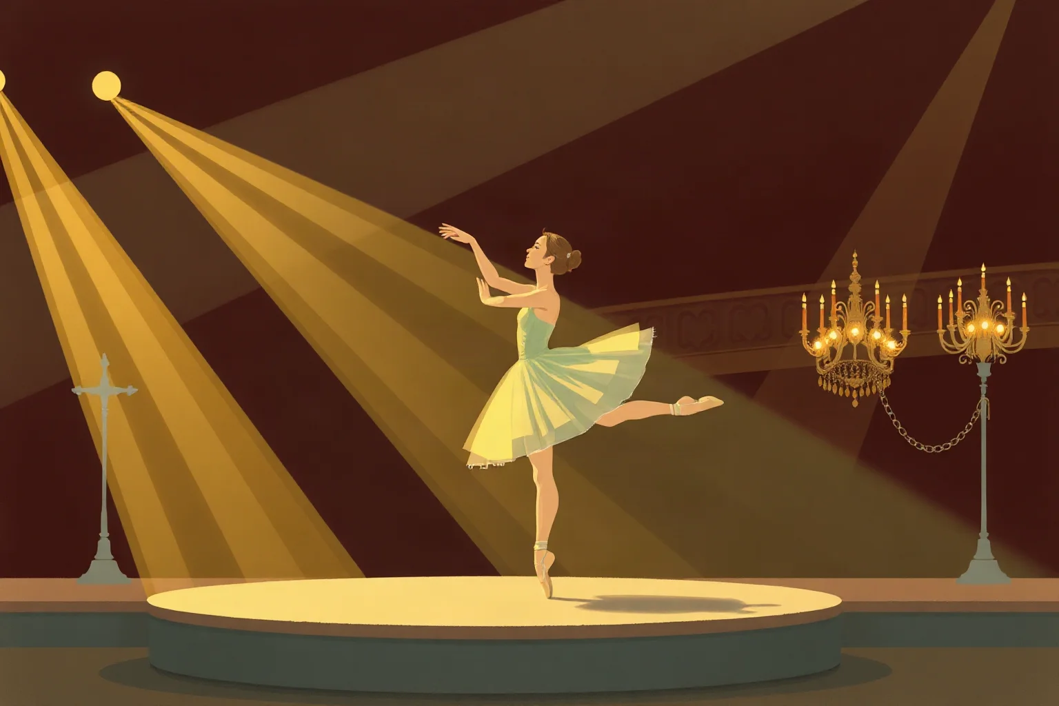 A graceful ballerina mid-performance on a grand stage, mid-20th-century theater illustration style