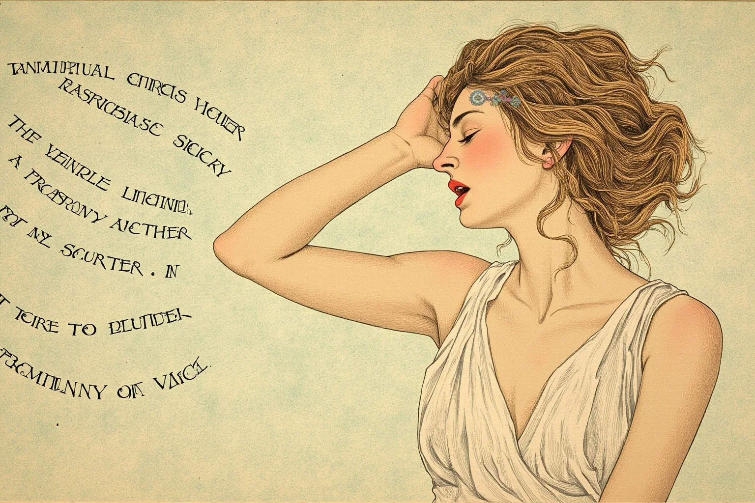 A graceful nymph attempting to speak but only producing echoes, her mouth open in silent repetition, in a mythological illustration style