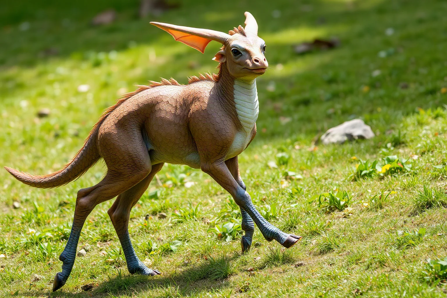 A graceful scaled hooved chimeric creature with a dragon-like head walking gently over untouched grass