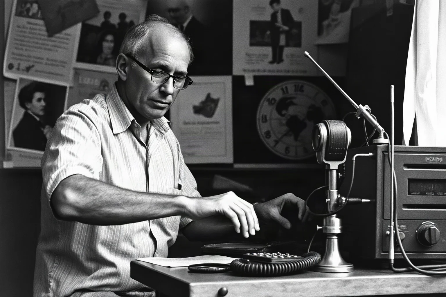 A grainy black-and-white photo style image of a shortwave radio operator at a listening post