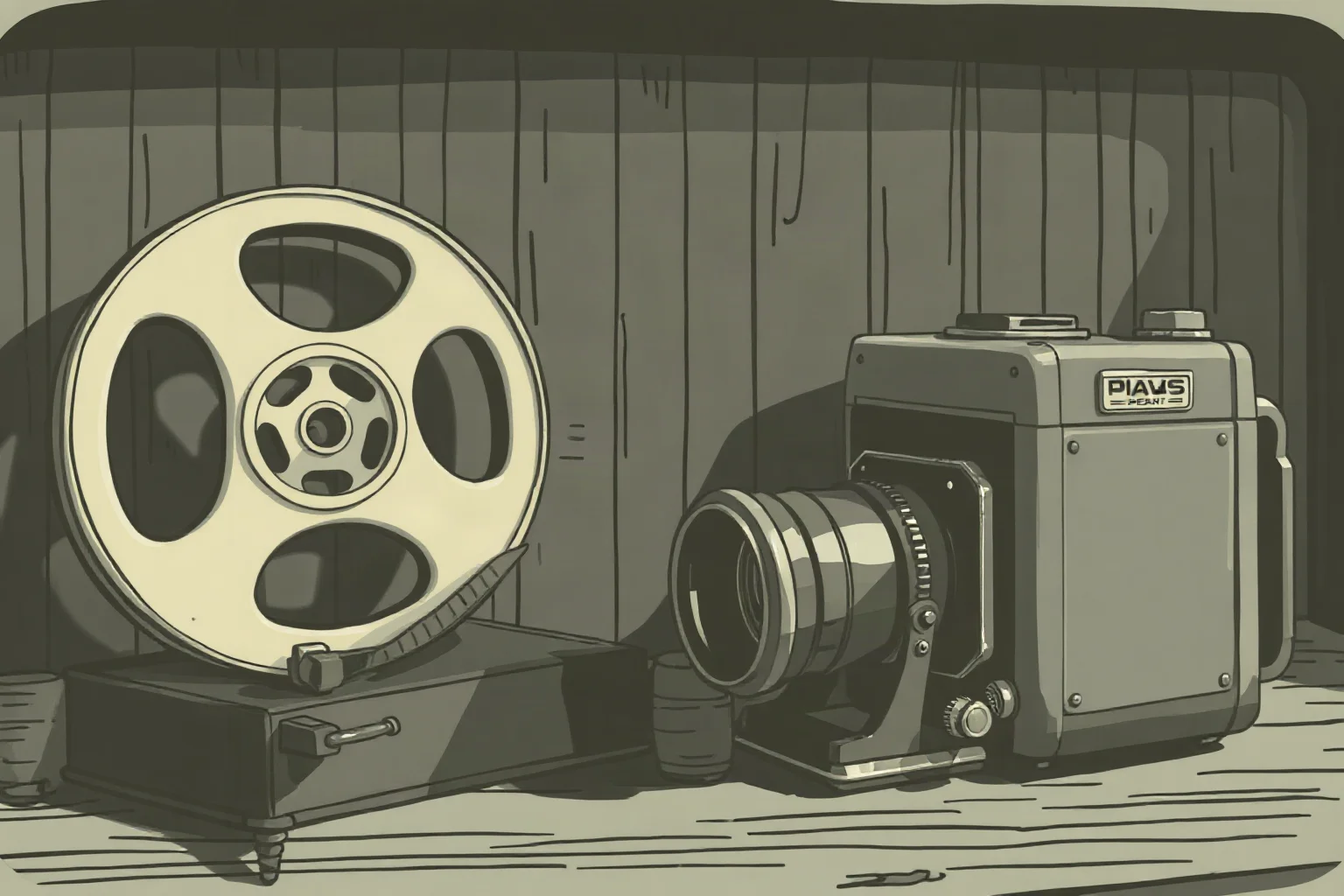A grainy vintage home-movie film reel and an old film camera on a wooden desk, muted sepia-toned illustration style