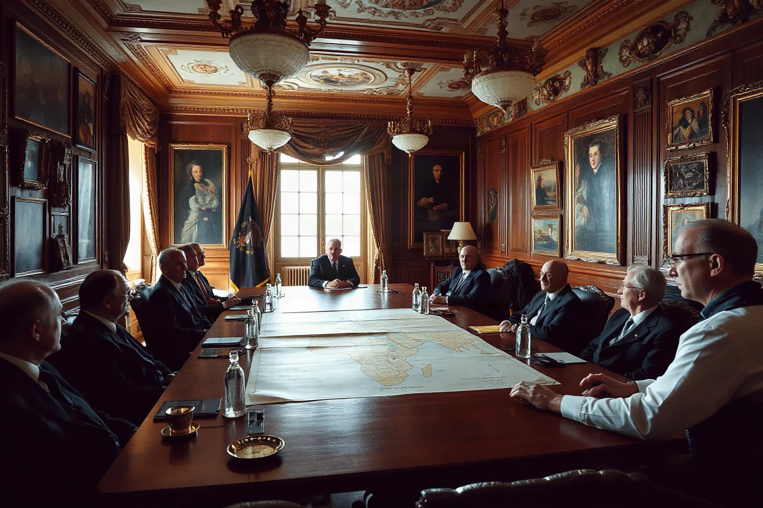 A grand 1880s European conference room with diplomats seated around a table with an Africa map spread out