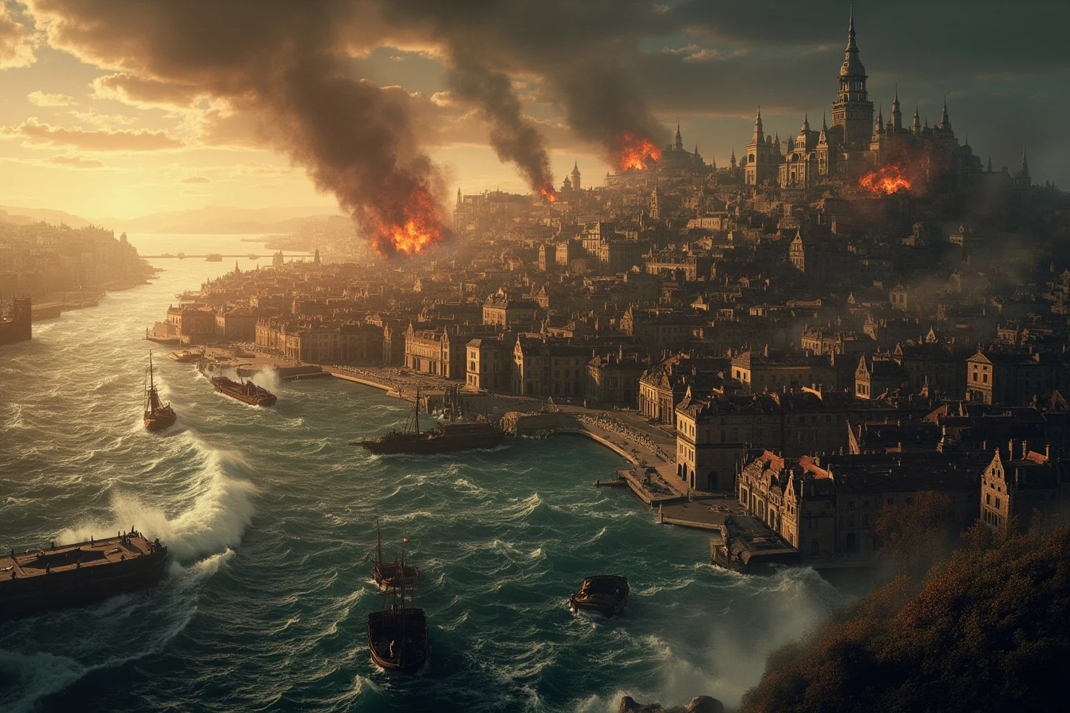 A grand 18th-century European city with earthquake damage, tsunami waves, and fires in the harbor