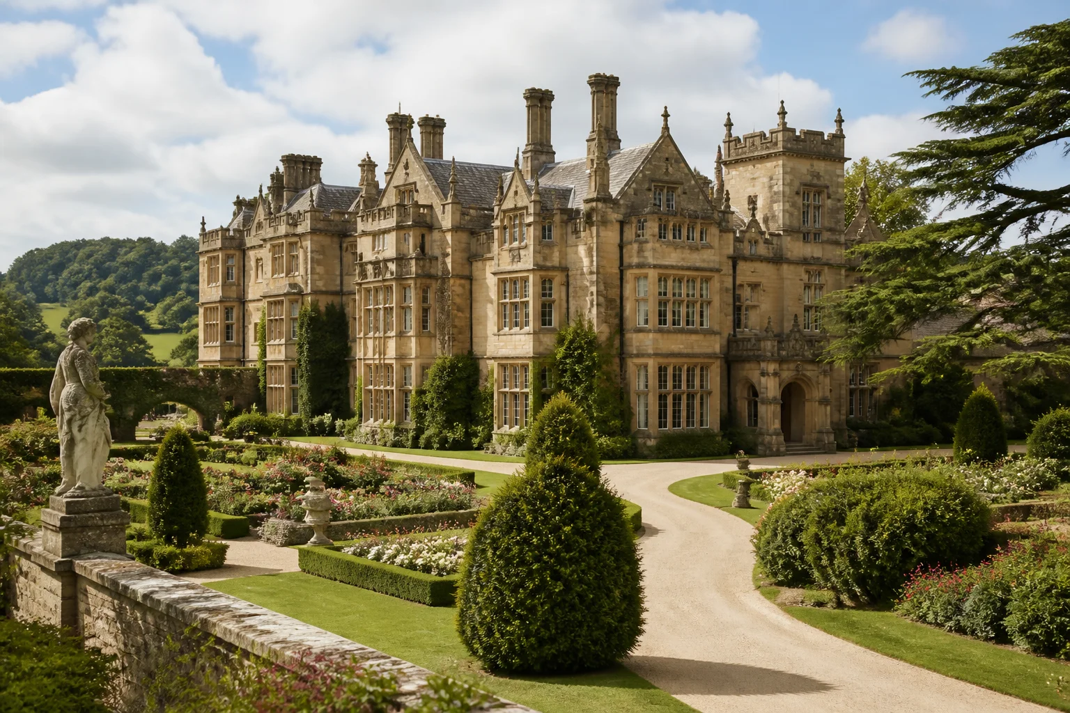 A grand 19th-century countryside manor house with manicured gardens, in the style of a historic English estate