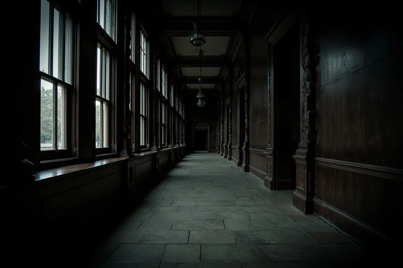 25 Disturbing Last Words By Notorious Criminals 20 A grand 19th-century courthouse hallway with tall windows, aged wood paneling, moody historic atmosphere