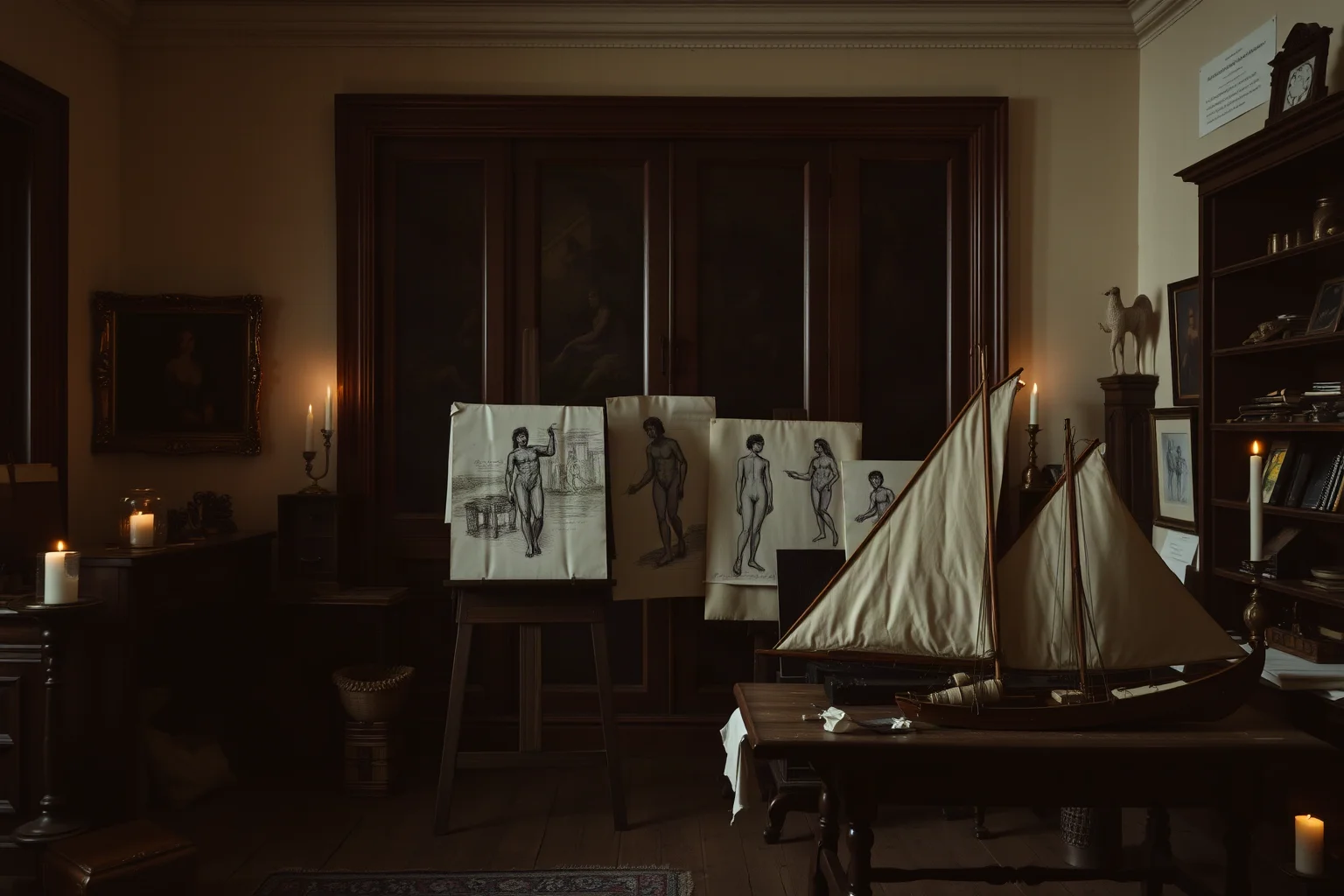 A grand 19th-century painter's studio with an easel, sketches of human figures, and a small wooden raft model, moody candle-lit atmosphere