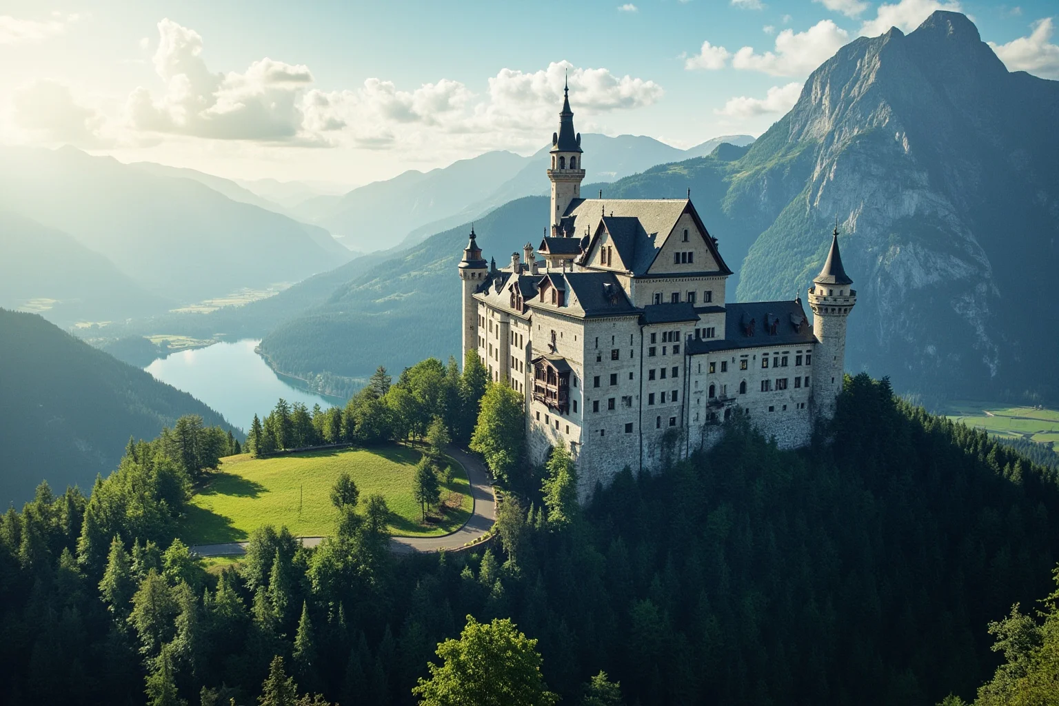 A grand Alpine castle nestled in mountains representing a small European principality