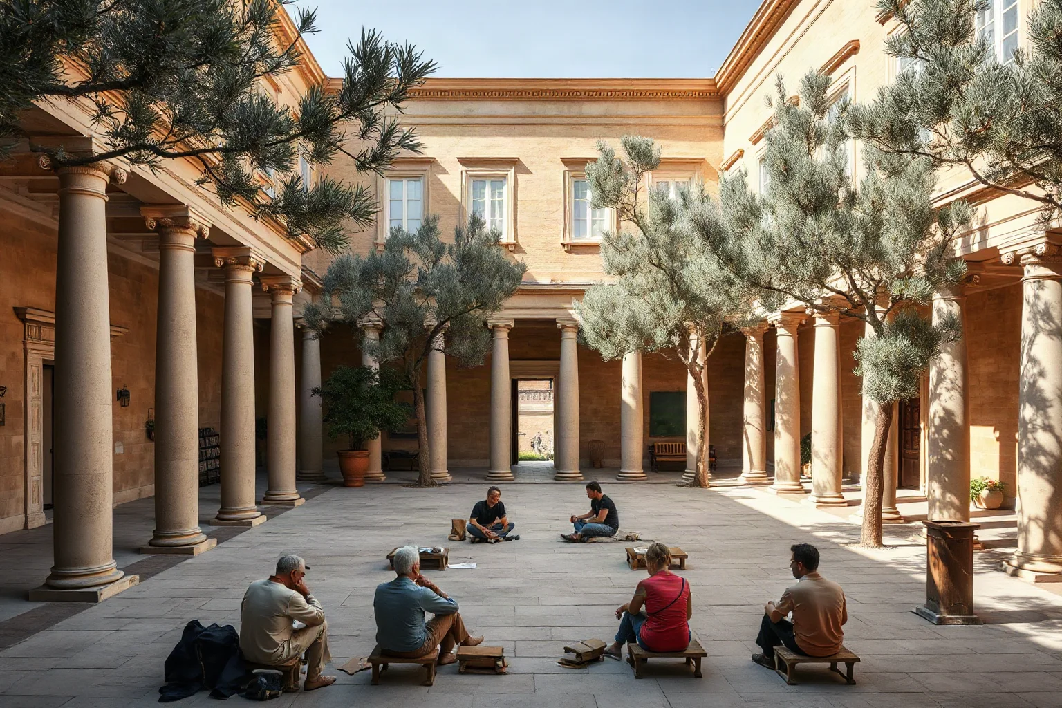 A grand ancient Greek courtyard academy with columns, scrolls, and philosophers in discussion under olive trees