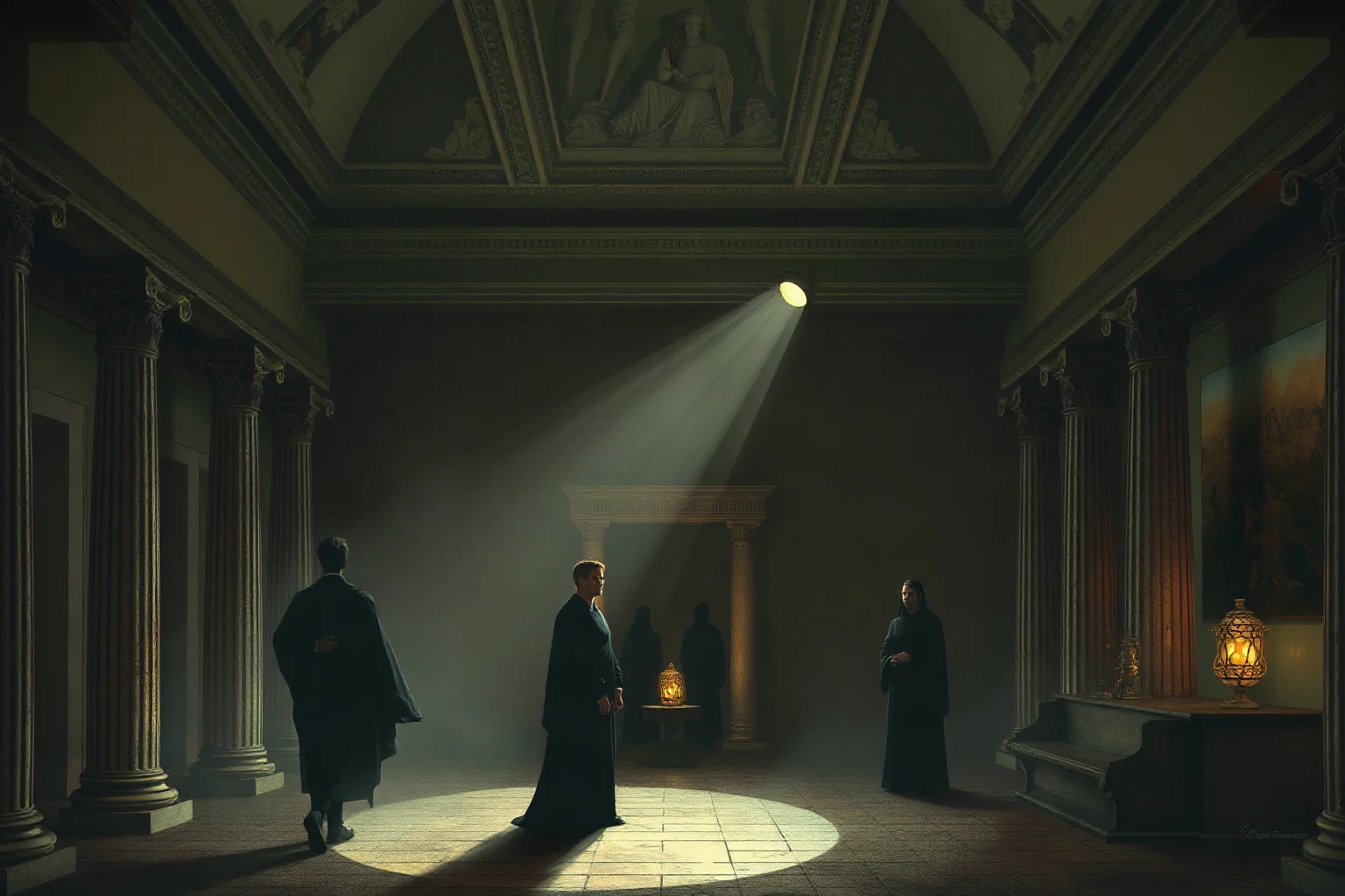 A grand ancient Greek palace interior with shadowy figures and a sense of lingering tragedy, moody classical illustration
