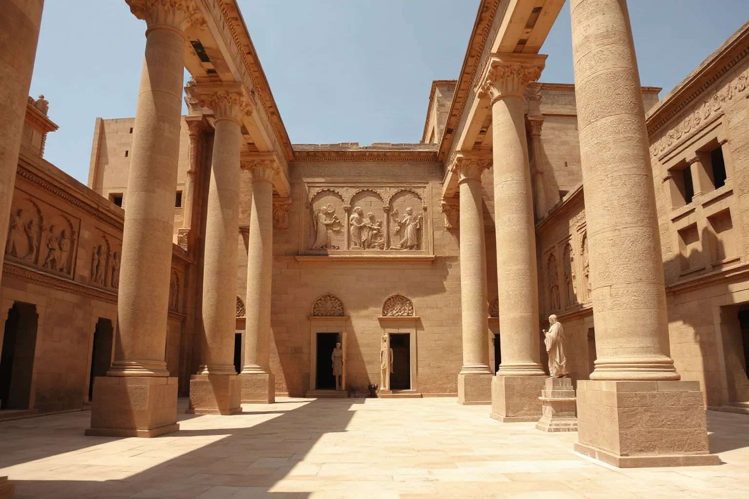 A grand ancient Persian palace with tall stone columns and carved relief walls