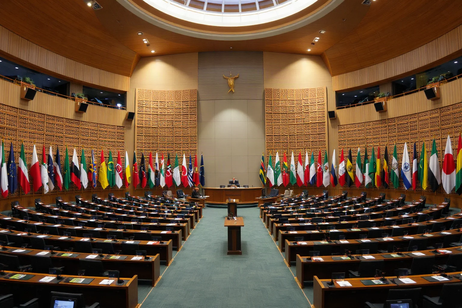 A grand assembly hall with rows of national flags, symbolizing international diplomacy