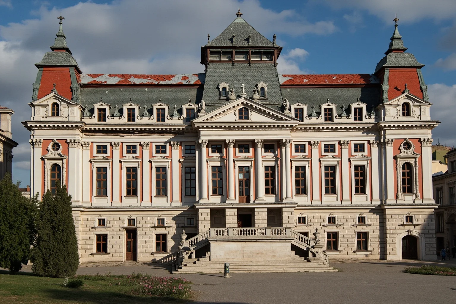 Empires That Fell Slowly—and 20 That Collapsed Overnight 15 A grand Austro-Hungarian palace with cracked walls and fluttering torn flags