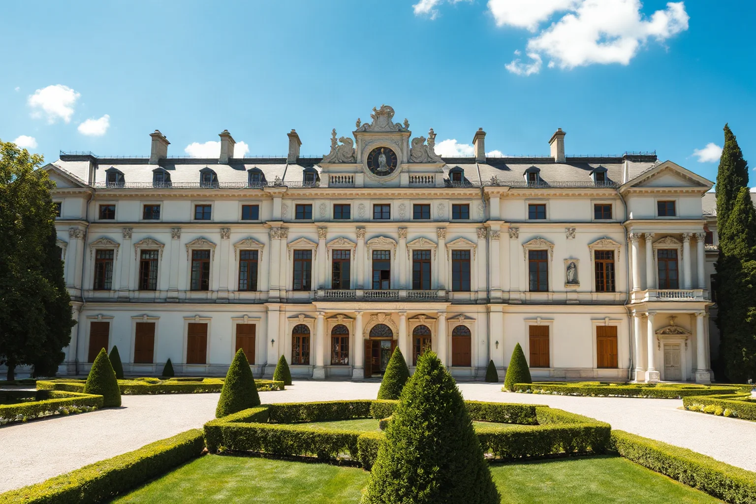 A grand baroque palace with manicured gardens under a bright blue sky