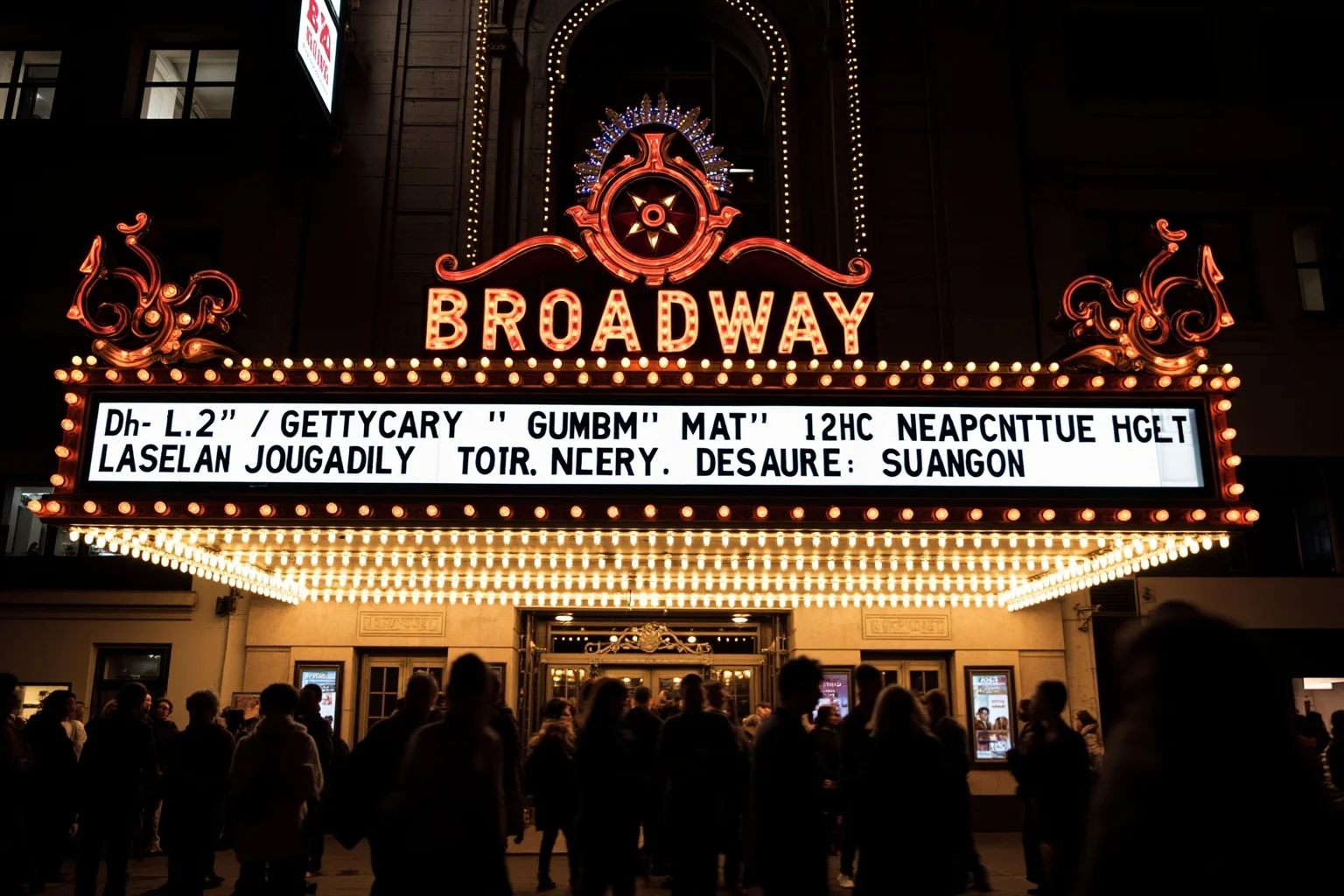 A grand Broadway theater marquee at night with warm lights and a bustling crowd of theatergoers