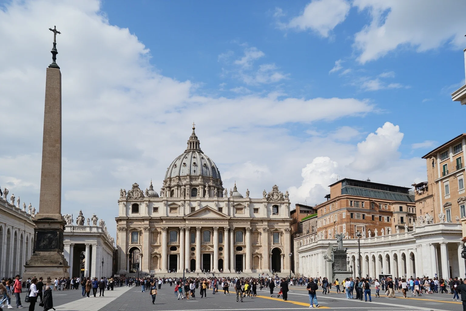 A grand cathedral square with a papal symbol representing Vatican City's elective monarchy